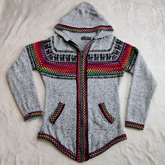 Gamboa Sweaters - GAMBOA Peruvian Alpaca Hoodie Zip Sweater Rainbow No Tag Size / Medium Fair Isle